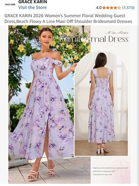 Grace Karin Lavender Floral Off-Shoulder A-Line Maxi Dress